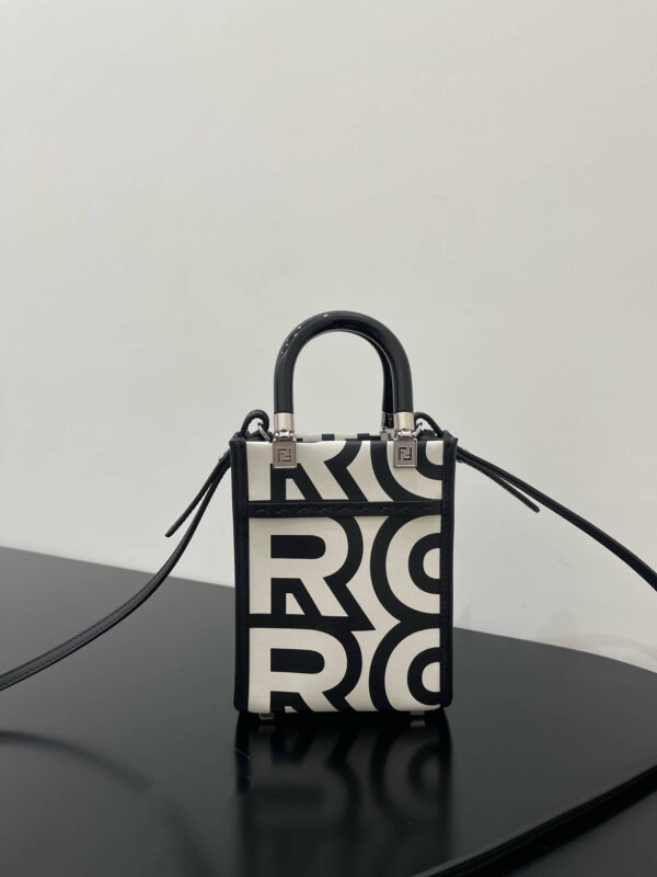 Fendi Mini Sunshine Shopper Bag In Fendi Roma Capsule Leather Black/White - Image 6