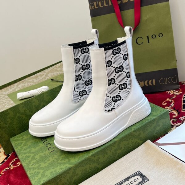 Gucci GG Motif Leather Ankle White Boots