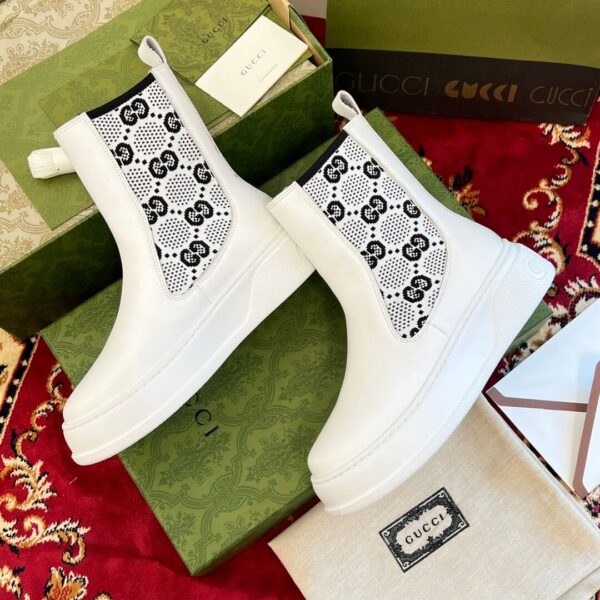 Gucci GG Motif Leather Ankle White Boots - Image 3