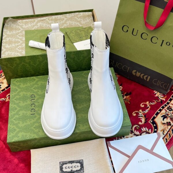 Gucci GG Motif Leather Ankle White Boots - Image 4