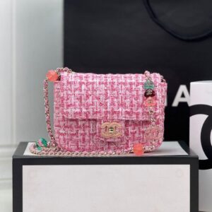 Chanel Tweed Mini Heart Square Flap Pink White Bag