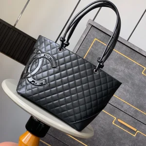 Auth CHANEL Cambon Shoulder Bag Tote Bag Black