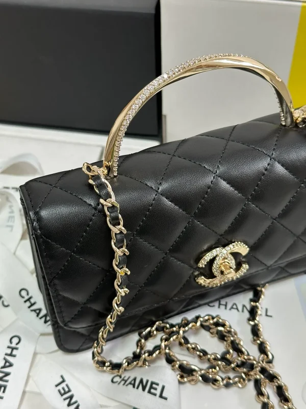 CHANEL Lambskin Quilted Crystal Top Handle Clutch With Chain Black - Image 8
