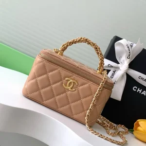 CHANEL Top Handle Vanity Case Shoulder Bag Lambskin Beige
