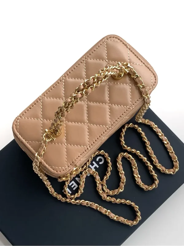 CHANEL Top Handle Vanity Case Shoulder Bag Lambskin Beige - Image 8