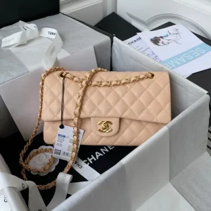 Chanel Beige Quilted Caviar Leather Medium Classic Double Flap Bag