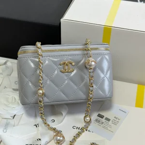 CHANEL Lambskin Quilted Small Pearl Crush Vanity Case With Chain Grey