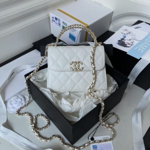 CHANEL 23P White Caviar Kelly Clutch Top Handle with Chain Light Gold