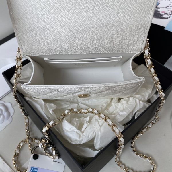 CHANEL 23P White Caviar Kelly Clutch Top Handle with Chain Light Gold - Image 8