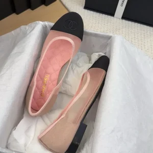 CHANEL 25P CC Two Tone Mesh Grosgrain Cap Toe Ballerina Ballet Flat Shoes Pink