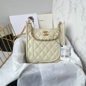 CHANEL Calfskin Quilted CC Hobo Handbag White