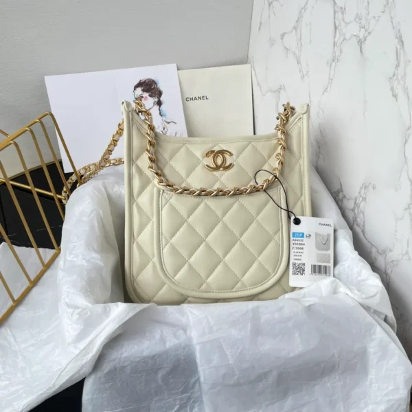 CHANEL Calfskin Quilted CC Hobo Handbag White