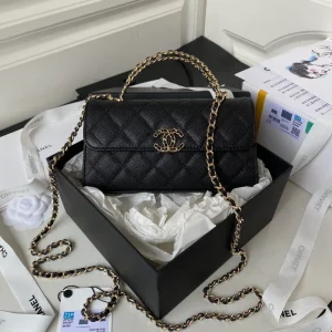 CHANEL Caviar Quilted Chain Top Handle Phone Holder With Chain Black