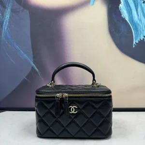CHANEL Lambskin Grey Top Handle Vanity Case Chain Bag Light Gold Hardware