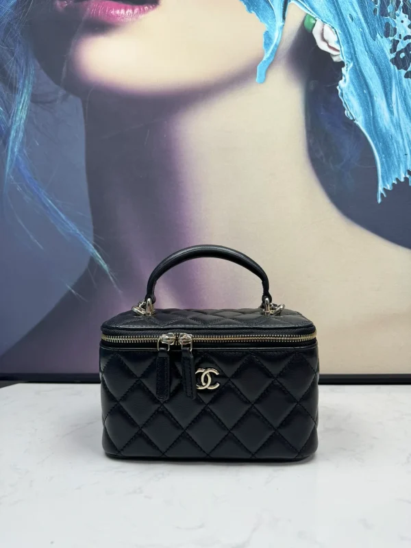CHANEL Lambskin Grey Top Handle Vanity Case Chain Bag Light Gold Hardware