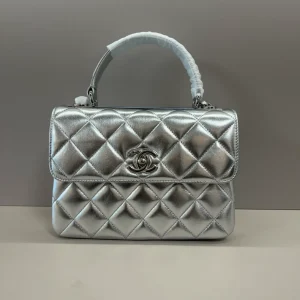 CHANEL Metallic Lambskin Quilted Small Trendy CC Flap Dual Handle Bag Silver