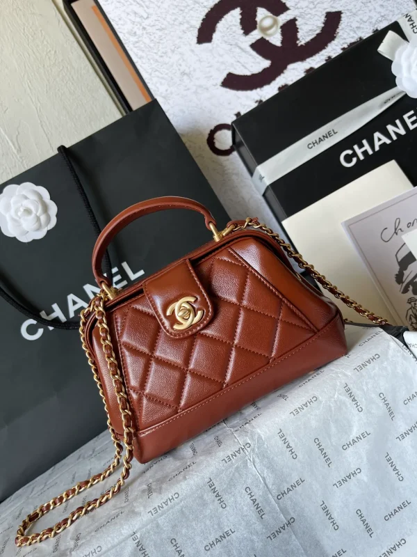 CHANEL Shiny Lambskin Quilted Mini Cocodoc Top Handle Bag Brown
