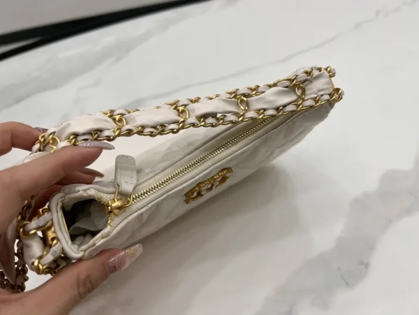 Chanel 19 Hobo Bag White Aged Calfskin Brushed Gold Hardware - Image 6