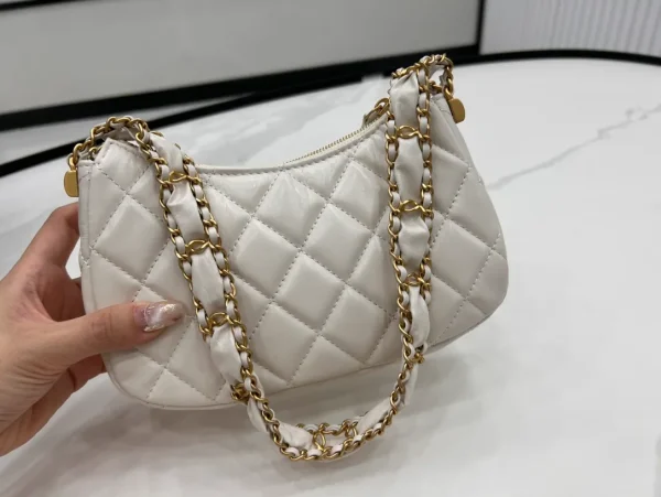 Chanel 19 Hobo Bag White Aged Calfskin Brushed Gold Hardware - Image 7