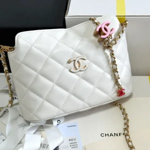 Chanel 24A Pink Enamel Double C white leather Gold Chain