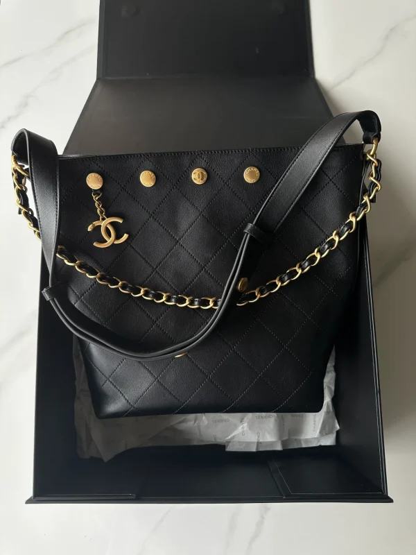 Chanel 25P Large Bucket Bag in Black Calfskin - Image 4