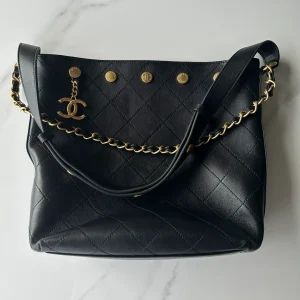 Chanel 25P Large Bucket Bag in Black Calfskin