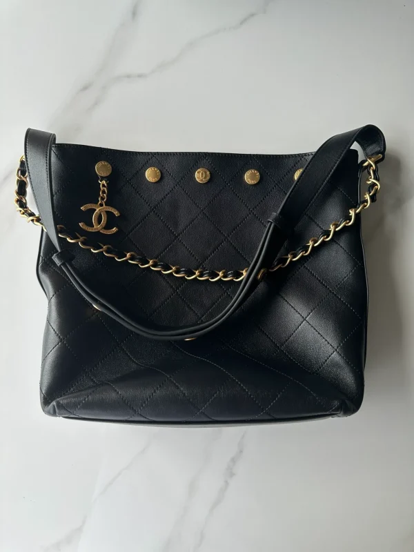 Chanel 25P Large Bucket Bag in Black Calfskin