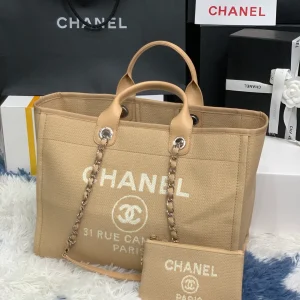 Chanel Beige Calfskin Grand Shopping Tote GST Chain Handbag