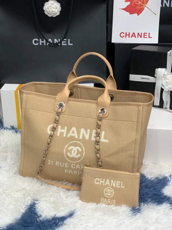 Chanel Beige Calfskin Grand Shopping Tote GST Chain Handbag