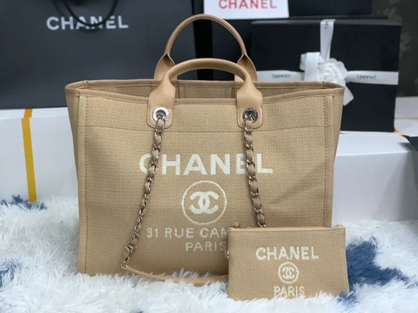 Chanel Beige Calfskin Grand Shopping Tote GST Chain Handbag - Image 3