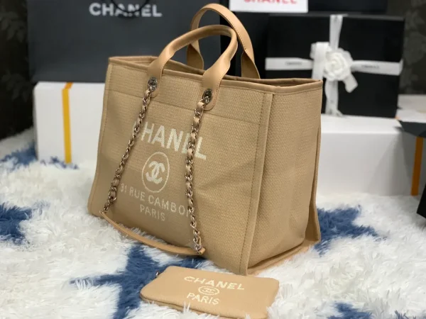 Chanel Beige Calfskin Grand Shopping Tote GST Chain Handbag - Image 4