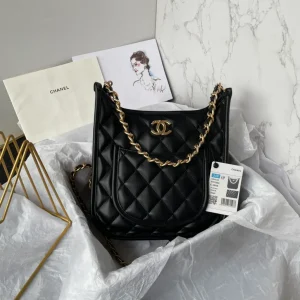 Chanel Black Calfskin Quilted CC Crossbody Hobo Handbag