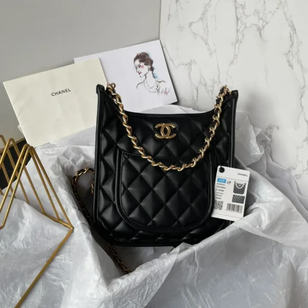 Chanel Black Calfskin Quilted CC Crossbody Hobo Handbag