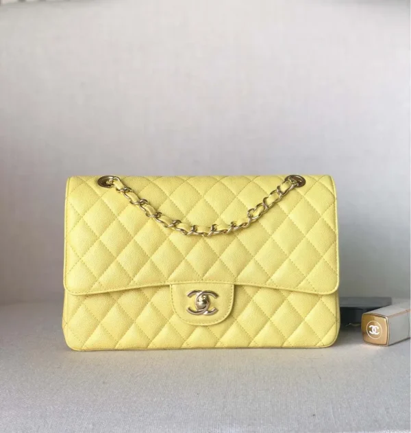 Chanel Iridescent Yellow Quilted Caviar Leather Medium Double Flap Classic Bag - Image 2