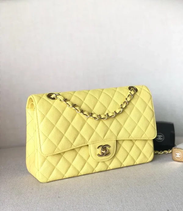 Chanel Iridescent Yellow Quilted Caviar Leather Medium Double Flap Classic Bag