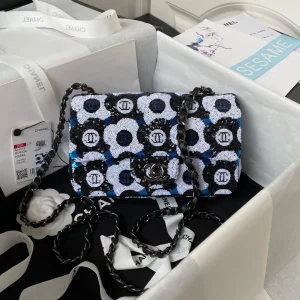 Chanel Mini Rectangular Flower Flap Bag Black, Navy and White Sequin