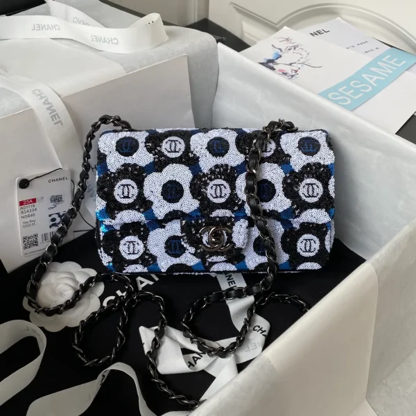 Chanel Mini Rectangular Flower Flap Bag Black, Navy and White Sequin