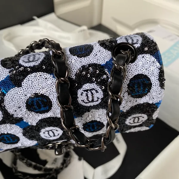 Chanel Mini Rectangular Flower Flap Bag Black, Navy and White Sequin - Image 5