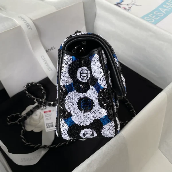 Chanel Mini Rectangular Flower Flap Bag Black, Navy and White Sequin - Image 6