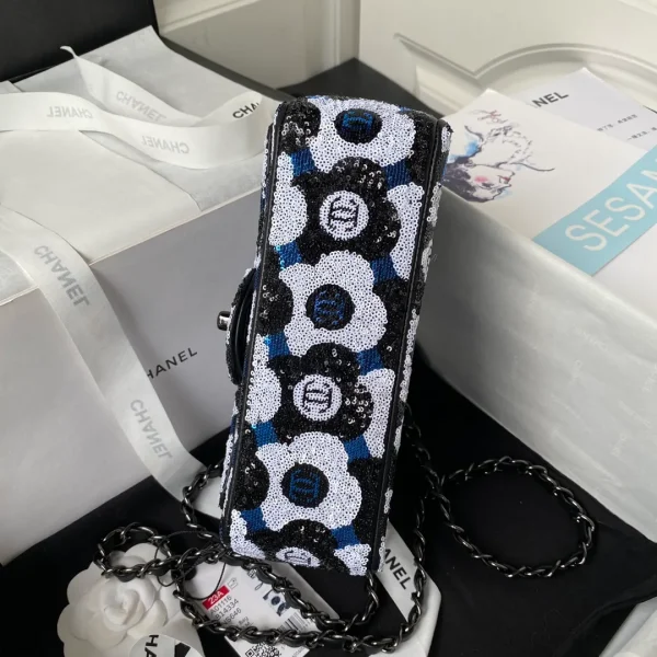 Chanel Mini Rectangular Flower Flap Bag Black, Navy and White Sequin - Image 7