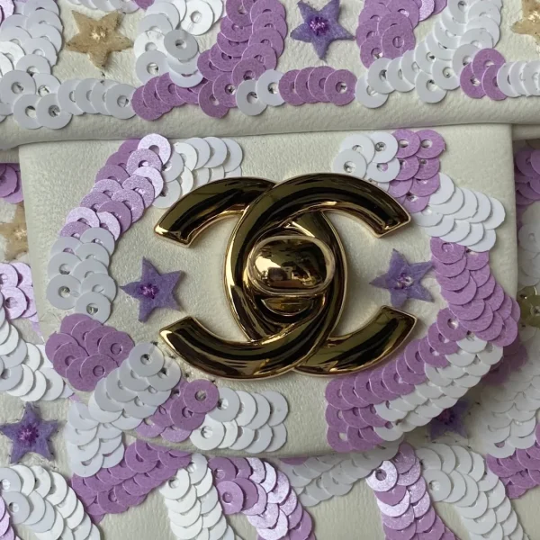 Chanel Women CC Mini Flap Bag Embroidered Satin Sequins Glass Beads Strass Star Sequins Purple White - Image 3