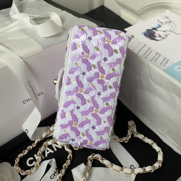 Chanel Women CC Mini Flap Bag Embroidered Satin Sequins Glass Beads Strass Star Sequins Purple White - Image 5