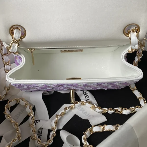 Chanel Women CC Mini Flap Bag Embroidered Satin Sequins Glass Beads Strass Star Sequins Purple White - Image 7