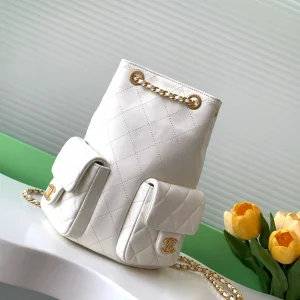 Large Backpack, Shiny lambskin & Gold-tone metal, White