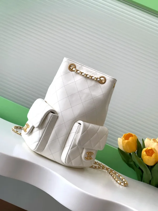 Large Backpack, Shiny lambskin & Gold-tone metal, White