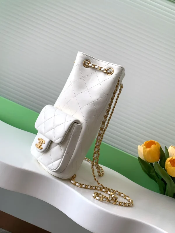 Large Backpack, Shiny lambskin & Gold-tone metal, White - Image 4