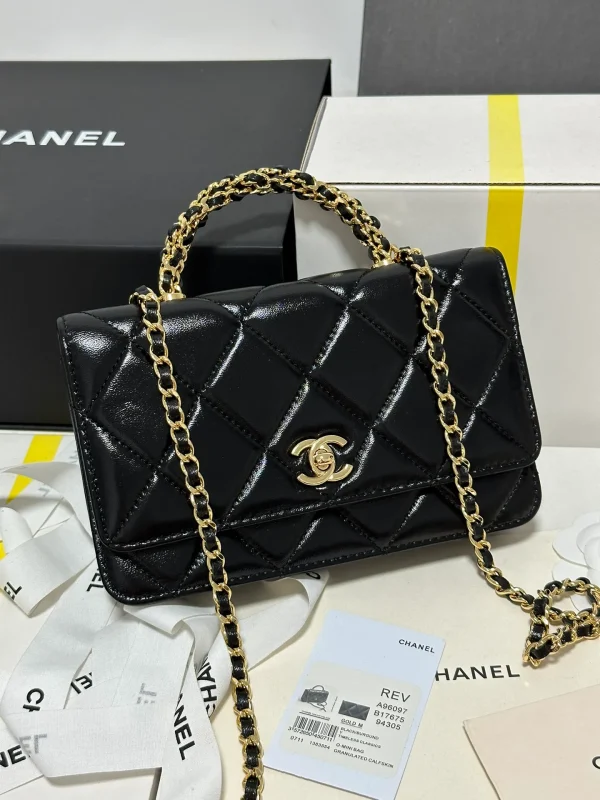Mini Flap Bag, Shiny lambskin & Gold-tone metal, black