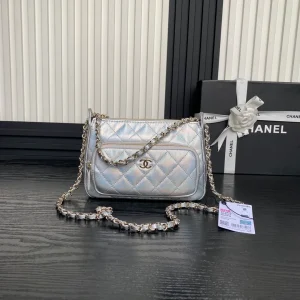 Chanel Silver Iridescent Quilted Patent Leather CC Chain Clutch Chanel