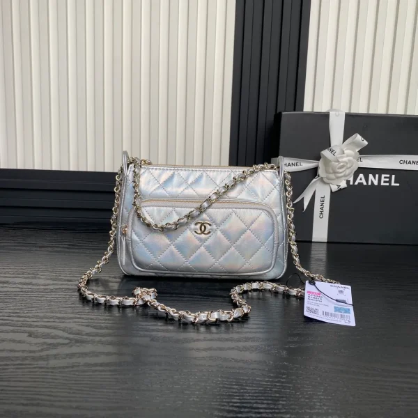 Chanel Silver Iridescent Quilted Patent Leather CC Chain Clutch Chanel