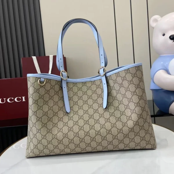 GG Emblem large tote bag in beige and dark brown fabric - Image 3